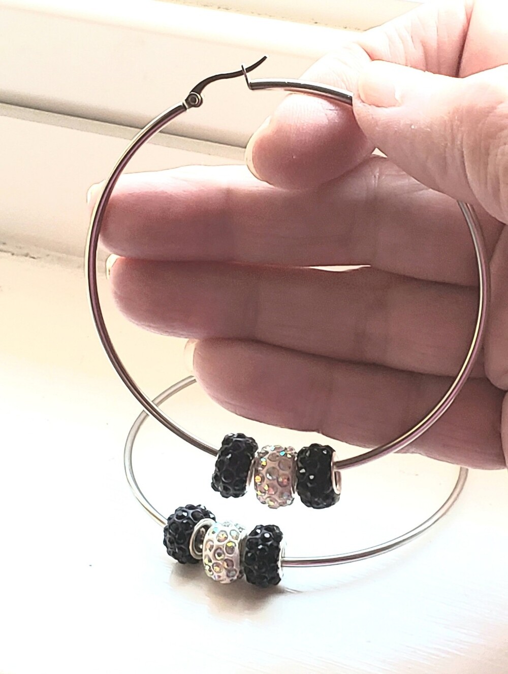 NEW 3" Stainless Steel Hoops With Crystal Big Hole Beads, Black & White, Snap